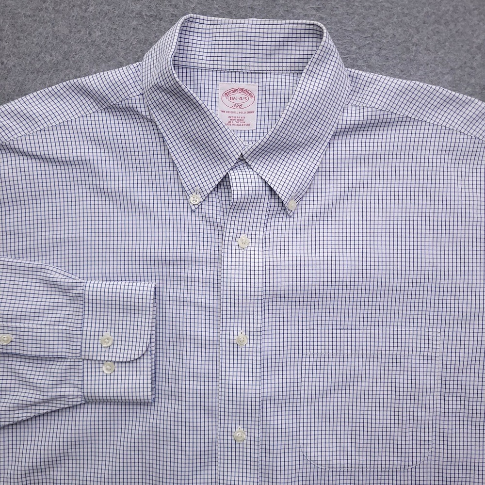 Brooks Brothers Dress Shirt Mens 16.5 34/35 Regular Non Iron White Grid Check